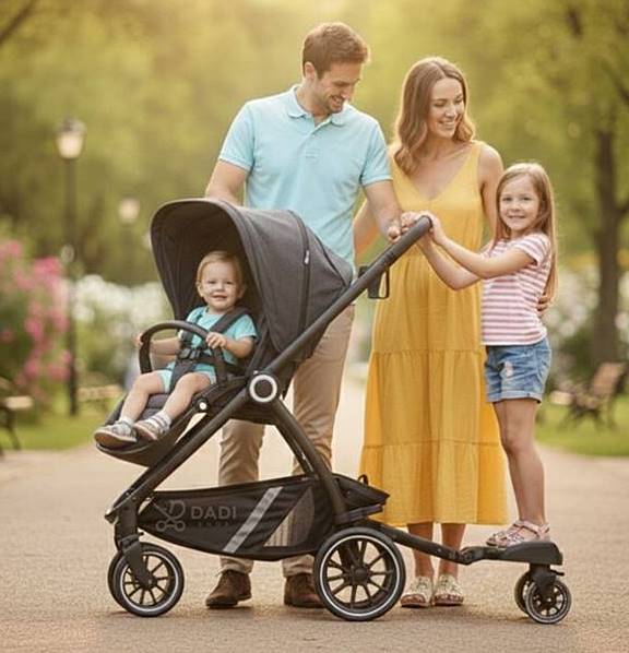 Rodzinny spacer z wózkiem – starsze dziecko korzysta z dostawki do wózka dziecięcego - lifestyle